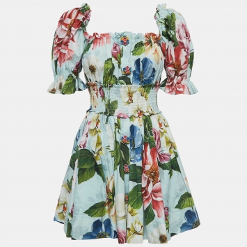 Pre Owned Dolce & Gabbana Blue Floral Print Off-Shoulder Mini Dress M