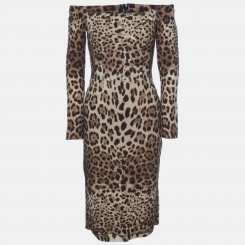Pre Owned Dolce & Gabbana Brown Leopard Print Wool Off The Shoulder Dress S