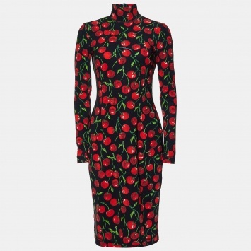 Pre Owned Dolce & Gabbana Black Cherry Print Jersey Midi Dress M