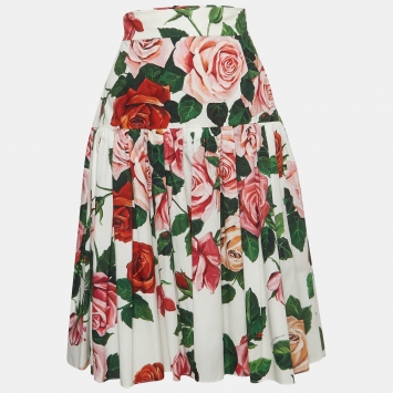 Pre Owned Dolce & Gabbana White Rose Print Cotton Flared Mini Skirt XS
