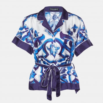 Pre Owned Dolce & Gabbana Navy Blue Majolica Print Silk Belted Shirt M