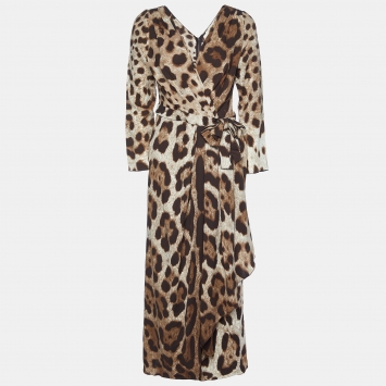 Pre Owned Dolce & Gabbana Brown Leopard Print Silk Maxi Dress L