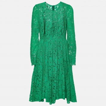 Pre Owned Dolce & Gabbana Green Lace Long Sleeve Midi Dress M