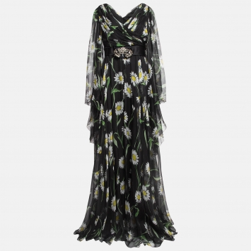 Pre Owned Dolce & Gabbana Black Sunflower Print Silk Crystal Belt Long Dress L