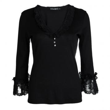 Pre Owned Dolce and Gabbana Black Scallop Lace Trim Detail Long Sleeve Top M