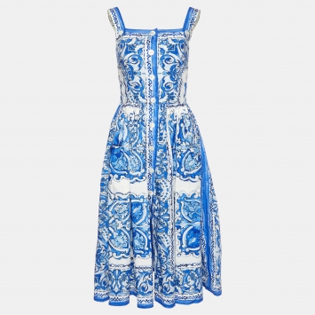 Pre Owned Dolce & Gabbana Blue Majolica Print Cotton Midi Dress S