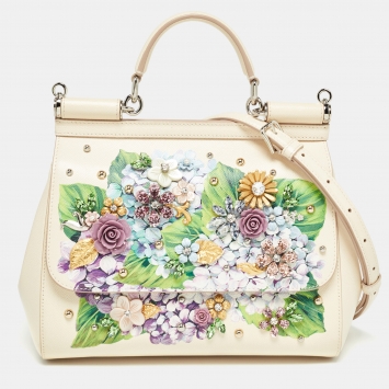Pre Owned Dolce & Gabbana Cream Leather Medium Hydrangea Crystals Sicily Top Handle Bag