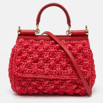 Pre Owned Dolce & Gabbana Red Crochet Raffia and Leather Small Sicily Top Handle Bag