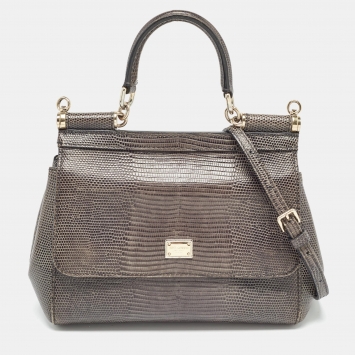 Pre Owned Dolce & Gabbana Grey Lizard Embossed Leather Small Miss Sicily Top Handle Bag