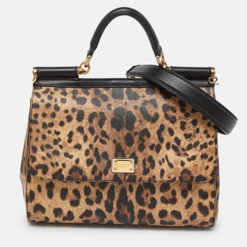 مملوكة مسبقًا Dolce & Gabbana Black/Brown Leopard Print Coated Canvas and Leather Medium Miss Sicily Top Handle Bag