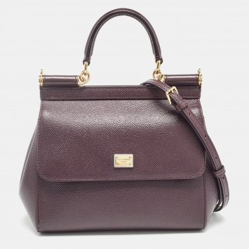 Pre Owned Dolce & Gabbana Dark Burgundy Leather Small Miss Sicily Top Handle Bag