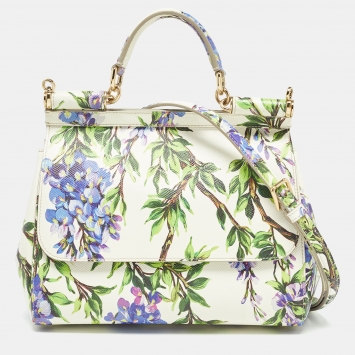 Pre Owned Dolce & Gabbana Off White Printed Leather Medium Miss Sicily Top Handle Bag