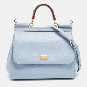 Pre Owned Dolce & Gabbana Light Blue Leather Medium Miss Sicily Embellished Top Handle Bag