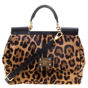 Pre Owned Dolce and Gabbana Leopard Print Calfhair Large Miss Sicily Top Handle Bag