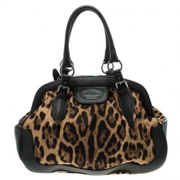 Pre Owned Dolce and Gabbana Black Leopard Print Fabric and Leather Satchel