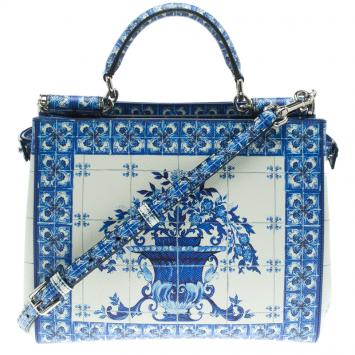 Pre Owned Dolce and Gabbana Blue Majolica Print Leather Miss Sicily Shopper Tote