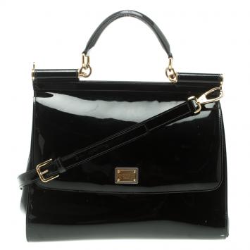 Pre Owned Dolce and Gabbana Black Patent Leather Large Miss Sicily Top Handle Bag