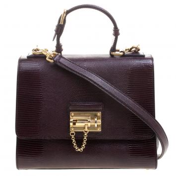 Pre Owned Dolce and Gabbana Dark Burgundy Lizard Embossed Leather Medium Miss Monica Top Handle Bag
