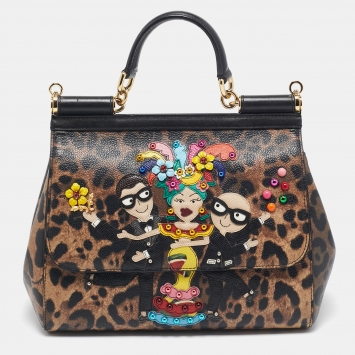 Pre Owned Dolce & Gabbana Black/Brown Coated Canvas Medium DG Family Miss Sicily Top Handle Bag