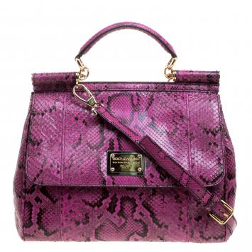 Pre Owned Dolce and Gabbana Fuschia Python Large Miss Sicily Top Handle Bag