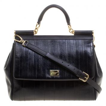 Pre Owned Dolce and Gabbana Black Striped Leather Large Miss Sicily Tote