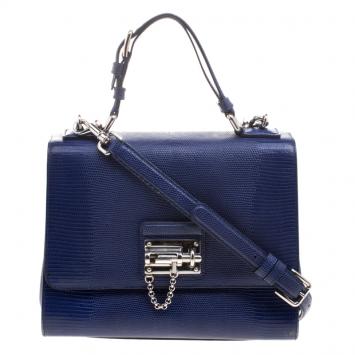 Pre Owned Dolce and Gabbana Blue Lizard Embossed Leather Medium Miss Monica Top Handle Bag