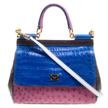 Pre Owned Dolce and Gabbana Multicolor Croc and Ostrich Leather Small Miss Sicily Top Handle Bag