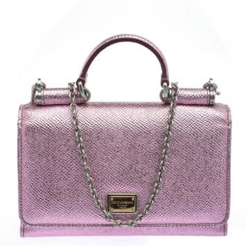 Pre Owned Dolce and Gabbana Metallic Pink Leather Wallet on Chain