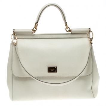 Pre Owned Dolce and Gabbana White Leather Medium Miss Sicily Top Handle Bag