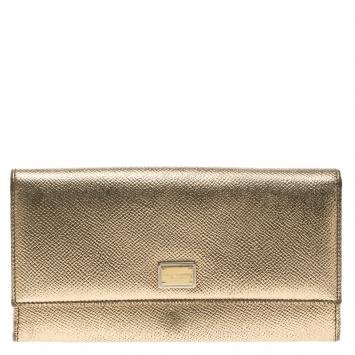 Pre Owned Dolce and Gabbana Gold Leather Continental Wallet