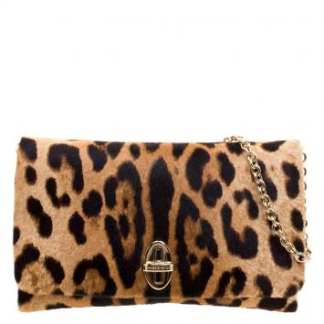 Pre Owned Dolce and Gabbana Leopard Print Calfhair Chain Clutch