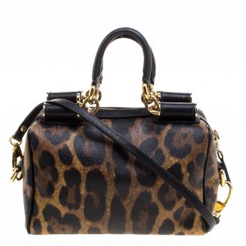 Pre Owned Dolce and Gabbana Leopard Print Coated Canvas Miss Sicily Bowling Bag
