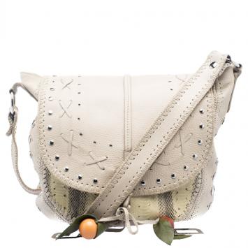 Pre Owned Dolce and Gabbana Beige/Yellow Leather and Snakeskin Coffee Fruit Charm Messenger Bag