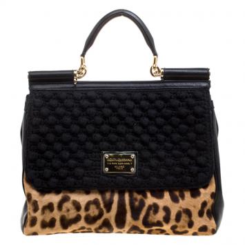 Pre Owned Dolce and Gabbana Black Leopard Print Calf Hair and Crochet Miss Sicily Tote