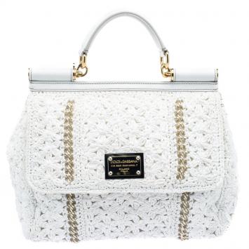 Pre Owned Dolce and Gabbana White Straw Crochet Large Miss Sicily Tote