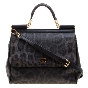 Pre Owned Dolce and Gabbana Black Leopard Print Leather Large Miss Sicily Tote