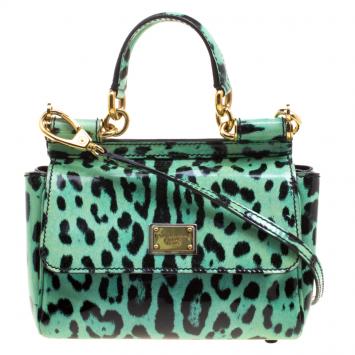Pre Owned Dolce and Gabbana Green Leopard Print Patent Leather Small Miss Sicily Tote with Wallet