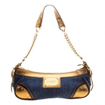 Pre Owned Dolce and Gabbana Blue/Gold Denim and Leather Shoulder Bag 