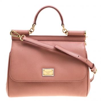 Pre Owned Dolce and Gabbana Peach Leather Medium Miss Sicily Satchel