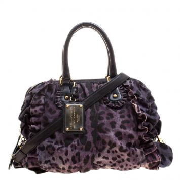 Pre Owned Dolce and Gabbana Purple Leopard Print Denim Miss Rouche Bag