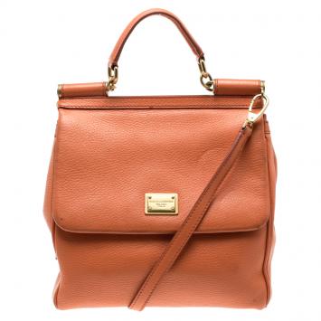 Pre Owned Dolce and Gabbana Orange Leather Medium Miss Sicily Top Handle Bag