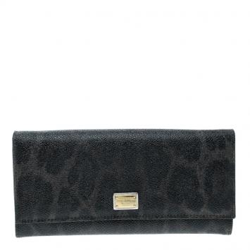 Pre Owned Dolce and Gabbana Black Leopard Print Leather Dauphine Continental Wallet