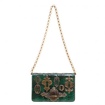 Pre Owned Dolce and Gabbana Green Snakeskin Keyhole Shoulder Bag