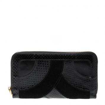Pre Owned Dolce and Gabbana Black Suede and Snake Skin Zip Around Continental Wallet