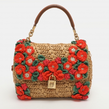 مملوكة مسبقًا Dolce & Gabbana Miss Dolce Multicolor Floral Applique Raffia Top Handle Bag