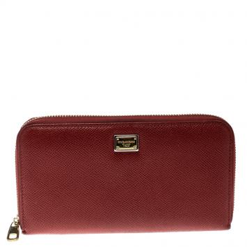 Pre Owned Dolce and Gabbana Red Leather Zip Around Wallet