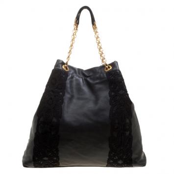 Pre Owned Dolce and Gabbana Black Leather and Lace Large Tote