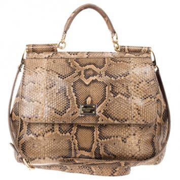 Pre Owned Dolce and Gabbana Gold Python Medium Miss Sicily Satchel