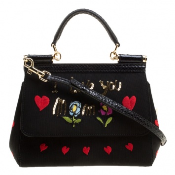 Pre Owned Dolce and Gabbana Black Fabric Small I Love You Mama Sicily Tote