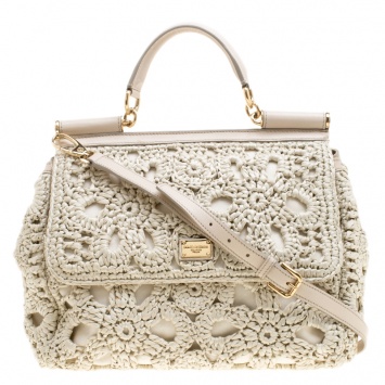 Pre Owned Dolce and Gabbana Off White Crochet Raffia Large Miss Sicily Top Handle Bag